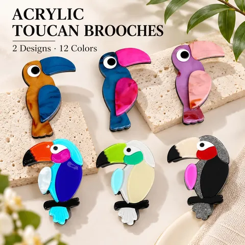 French Vintage Acrylic Toucan Bird Brooch For Women Cartoon Animal Lapel Pin Handmade Marbled Glitter Clothing Jewelry Accessory Gift