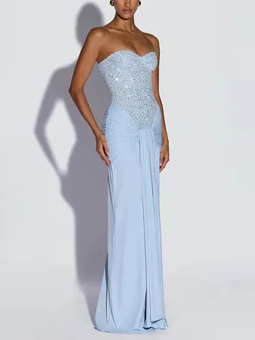 Sexy Strapless Sequin Patchwork Maxi Dress For Women High Waist Ruched Bodycon Evening Banquet Party Bodycon Slim Dress