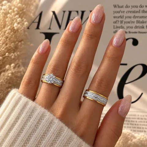 Anillos de Acero Inoxidable Bicolor para Parejas Patrón Ondas Diamantes de Imitación Boda Para Mujeres Hombres Joyería Compromiso