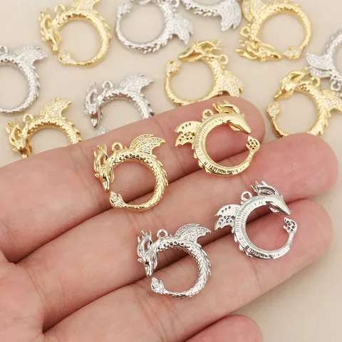 Chinese Style Zodiac Dragon Pendant Copper 18K Gold Plated Rhinestone DIY Jewelry Accessory For Necklace Pendant Only