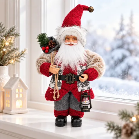 Stehender Weihnachtsmann Figur Weihnachtsschmuck Kunststoff Dekorative Statue Mit Geschenktüte Laterne Für Feiertags Party Zuhause Desktop Deko