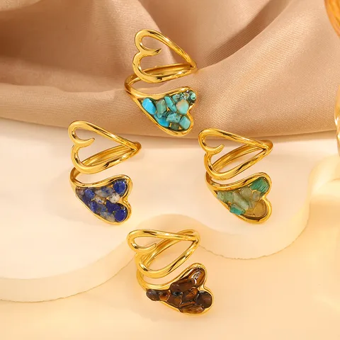 Vintage Stainless Steel Open Ring Natural Crushed Stone Inlay Geometric Heart Shape Gold Plated Tarnish Free Aesthetic Jewelry Finger Ring Women