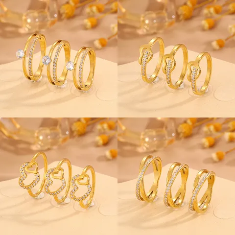 Stainless Steel Double Layer Rhinestone Heart Ring Fashion Gold Plated Titanium Steel Band Ring For Women Couple Jewelry Gift