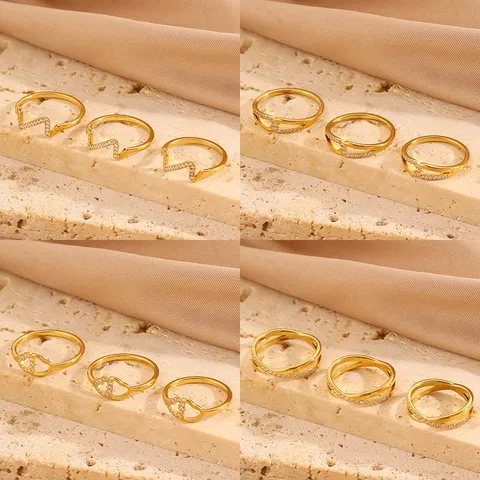 Stainless Steel Double Layer Rhinestone Heart Ring Fashion Gold Plated Titanium Steel Band Ring For Women Couple Jewelry Gift