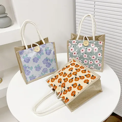 Sac à Main Petit en Lin de Style Japonais Sac Cabas en Tissu Oxford Mignon Sac Bento Floral Sac de Rangement Portable pour Femmes