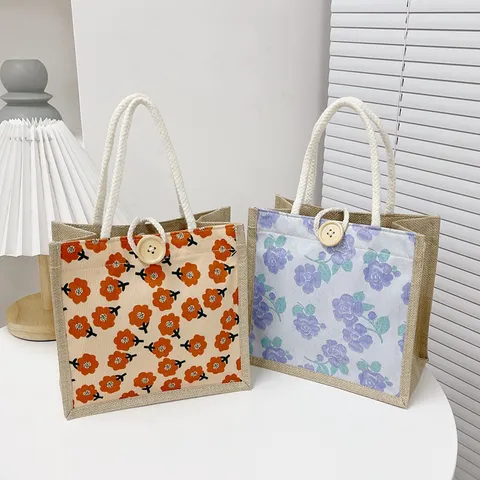 Sac à Main Petit en Lin de Style Japonais Sac Cabas en Tissu Oxford Mignon Sac Bento Floral Sac de Rangement Portable pour Femmes