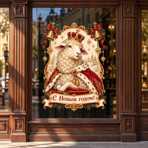Russischer Neujahrsstatischer Fensteraufkleber Königsschaf Krone Glocke Muster PVC Wasserdicht Wiederverwendbar Festliche Hausdeko Für Glas