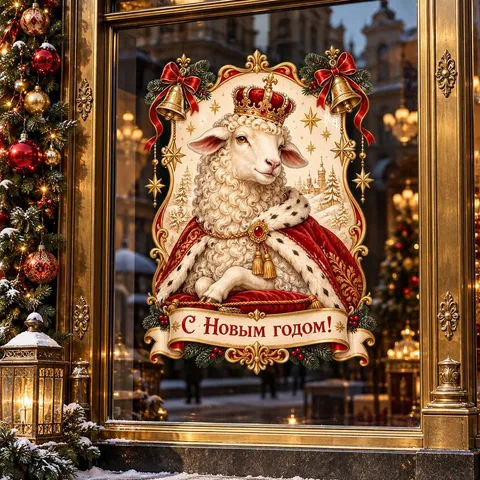 Russischer Neujahrsstatischer Fensteraufkleber Königsschaf Krone Glocke Muster PVC Wasserdicht Wiederverwendbar Festliche Hausdeko Für Glas