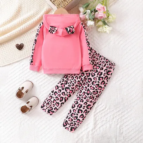 Girls Leopard Print Hoodie And Sweatpants Top And Bottom Outfit Cute Casual Pullover Children Clothing
