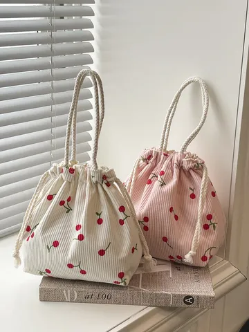Γυναικείο Mini Bucket Bag από Κορντουρό Χαριτωμένο Σχέδιο Φράουλα Κεράσι Κλείσιμο με Κορδόνι Τσάντα Χειρός Casual Μικρή