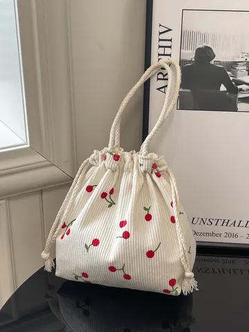 Γυναικείο Mini Bucket Bag από Κορντουρό Χαριτωμένο Σχέδιο Φράουλα Κεράσι Κλείσιμο με Κορδόνι Τσάντα Χειρός Casual Μικρή