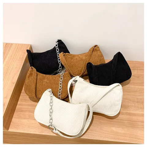 Minimalist Corduroy Shoulder Bag For Women Solid Color Casual Underarm Bag Chain And Fabric Strap Trendy Handbag