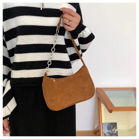 Minimalist Corduroy Shoulder Bag For Women Solid Color Casual Underarm Bag Chain And Fabric Strap Trendy Handbag