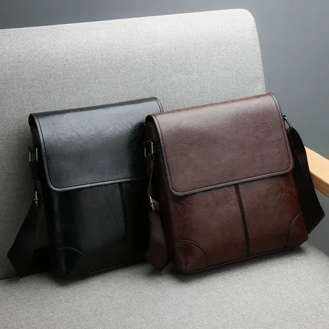 Men Casual PU Leather Crossbody Bag Vintage Business Shoulder Bag Portable Flap Messenger Bag For Daily Travel