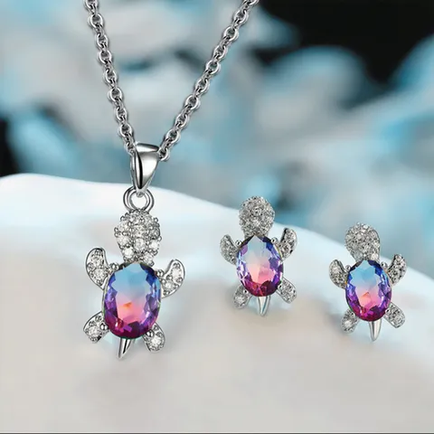 Ensemble de Bijoux Collier et Boucles d'Oreilles Tortue de Mer en Alliage de Strass pour Femme Accessoires Animaux Marins