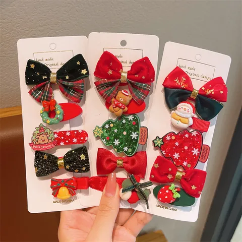 Bambini Natale Fermagli per Capelli Set Carino Cartone Animato Resina Tessuto Forcina Babbo Natale Albero Fiocco Accessori per Capelli per Festa di Ragazze