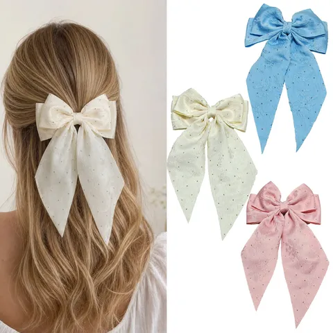Pinza de Pelo de Lazo Grande de Satén Con Strass Cinta Larga Horquilla de Resorte Accesorios de Cabello Dulce para Mujeres