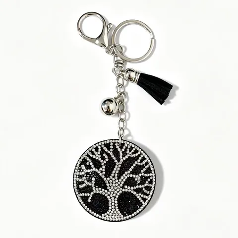 Damen Strass Lebensbaum Schlüsselanhänger Metall Legierung Rund Anhänger Quaste Taschenanhänger Auto Schlüsselring Mode Schmuck Geschenk