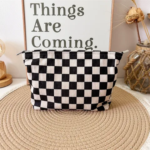 Corduroy Plaid Cosmetic Bag Large Capacity Travel Makeup Pouch Portable Toiletry Organizer Handbag for Women