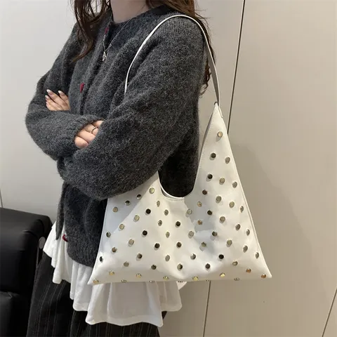 Mujer Moda Cuero PU Remaches Bolso Hobo Bandouliere Bolso de Hombro Estilo Coreano Minimalista Cartera Para Viaje Diario