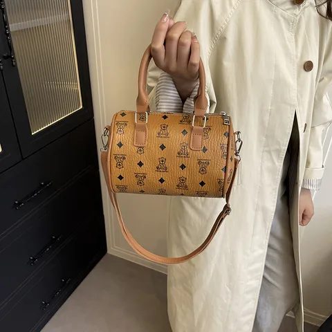 Vintage Boston Tas Voor Dames PU Leer Cylindrische Crossbody Tas Top Handvat Handtas Schattig Berenpatroon
