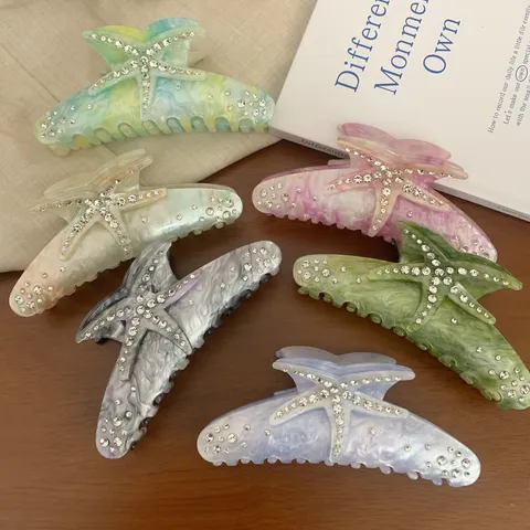 Pinza de Pelo de Acetato Colorida Pinza de Tiburón Grande con Estrés de Estrella de Mar Accesorios Elegantes