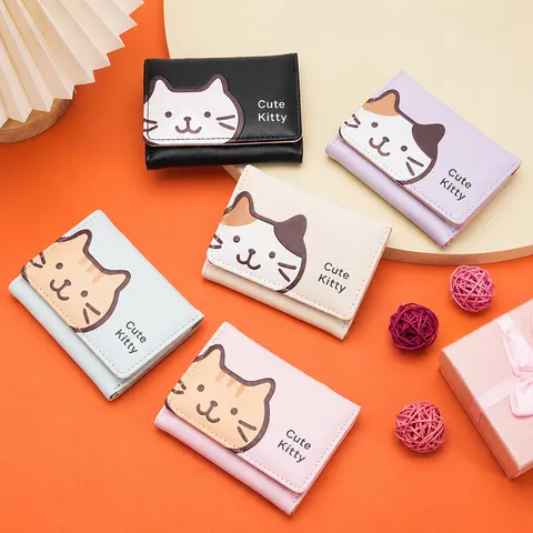 Portefeuille Court à Trois Volets en Cuir PU avec Imprimé Chat Mignon pour Femmes Fentes pour Cartes Mini Porte-Monnaie Compact