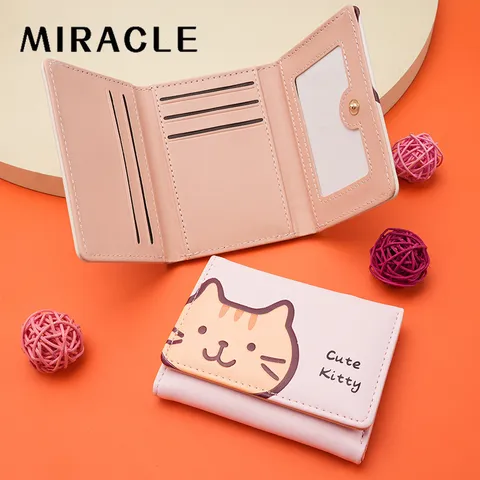 Portefeuille Court à Trois Volets en Cuir PU avec Imprimé Chat Mignon pour Femmes Fentes pour Cartes Mini Porte-Monnaie Compact