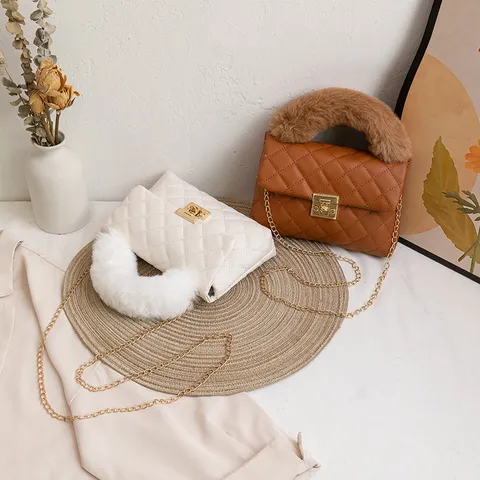 Women's Fashion Quilted Crossbody Bag PU Leather Flap Shoulder Bag With Faux Fur Handle And Gold Chain Daily Purse