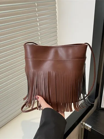 Sac Bandoulière à Glande en Cuir PU pour Femmes Style Coréen Couleur Unie Sac Croisé Mode Quotidienne