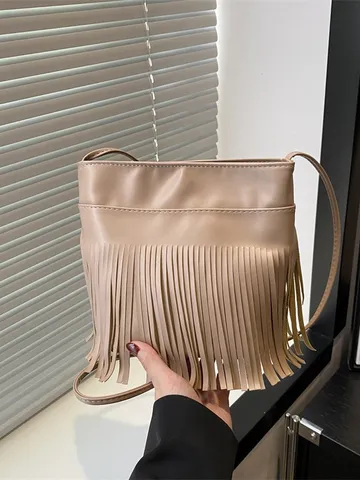 Sac Bandoulière à Glande en Cuir PU pour Femmes Style Coréen Couleur Unie Sac Croisé Mode Quotidienne