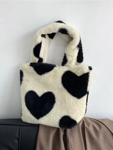 Donna Inverno Borsa a Mano in Peluche Carino Motivo Cuore Pelliccia Sintetica Borsa a Tracolla Morbido Soffice Casual Shopper Tote