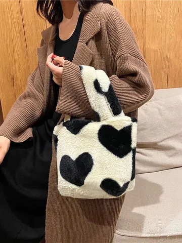 Donna Inverno Borsa a Mano in Peluche Carino Motivo Cuore Pelliccia Sintetica Borsa a Tracolla Morbido Soffice Casual Shopper Tote