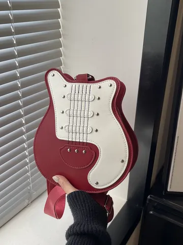 Sac Bandoulière pour Femme en Cuir PU Forme de Guitare Créatif Rivet Bloc de Couleur Patchwork