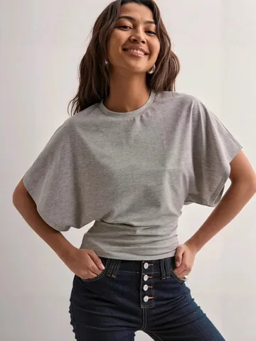 Camiseta Casual de Color Sólido de Manga Corta para Mujer Suelta Manga Murciélago Jersey Cuello Redondo Top de Moda de Verano