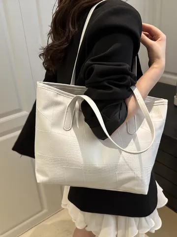 Women Large Capacity Tote Bag PU Leather Crocodile Pattern Patchwork Handbag Stylish Casual Commuter Shoulder Bag