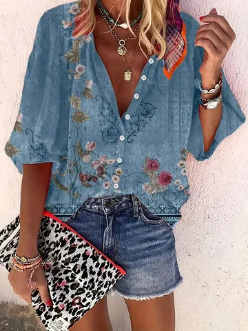 Women's Vintage Floral Print V-Neck Cardigan Shirt Casual Loose Three-Quarter Sleeve Button Down Blouse Top