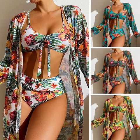 Women Tropical Floral Print Bikini Three Piece Set Long Sleeve Cover Up High Waist Swimsuit Sexy Vacation Beachwear