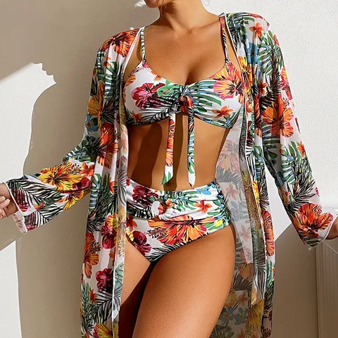 Women Tropical Floral Print Bikini Three Piece Set Long Sleeve Cover Up High Waist Swimsuit Sexy Vacation Beachwear