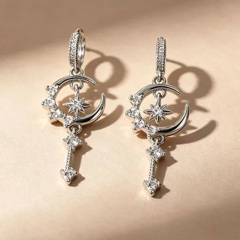 Brass Real Gold Plated Crescent Moon Star Rhinestone Drop Earrings European American Trend Party Jewelry For Women