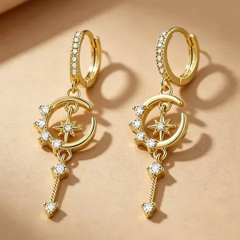 Brass Real Gold Plated Crescent Moon Star Rhinestone Drop Earrings European American Trend Party Jewelry For Women