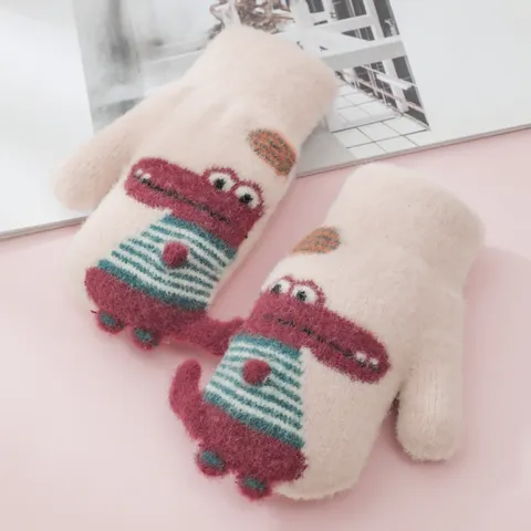 Kids Winter Warm Knitted Gloves Cute Cartoon Dinosaur Full Finger Gloves Children Daily Outdoor Thermal Gloves