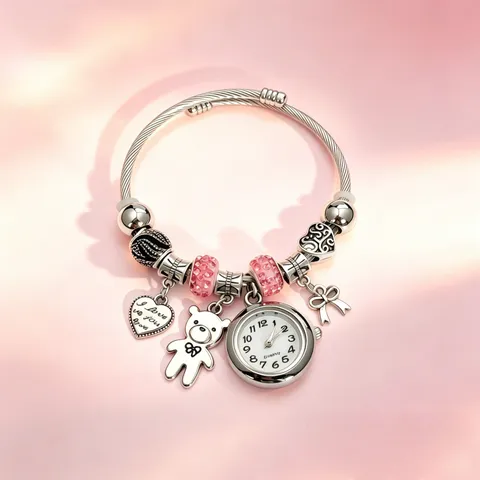 Stainless Steel Quartz Watch Women Bracelet Watch Cute Bear Dolphin Crystal Charm Watch