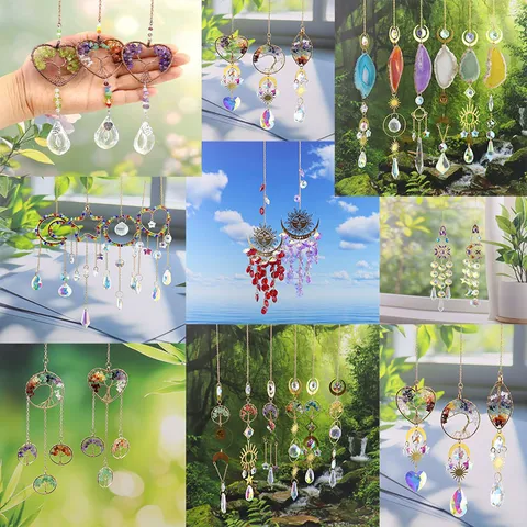 Ornement Suspendu de Carillon Éolien Attrape-Soleil en Pierre de Cristal Naturel Arbre de Vie pour Décoration Intérieure de Maison et de Jardin