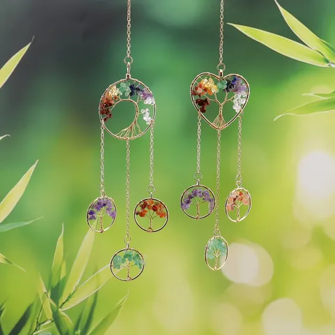 Ornement Suspendu de Carillon Éolien Attrape-Soleil en Pierre de Cristal Naturel Arbre de Vie pour Décoration Intérieure de Maison et de Jardin