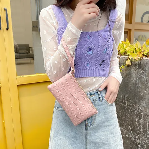 Women Fashion PU Leather Crocodile Pattern Envelope Clutch Bag Casual Zipper Wrist Strap Mobile Phone Purse