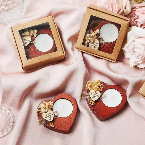 Wooden Heart Candle Holder Wedding Favors Rustic Table Centerpiece With Tealight Dried Flowers
