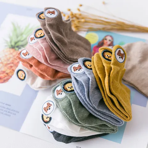 Women Cute Dog Embroidery No Show Socks Casual Japanese Style Candy Color Low Cut Boat Socks