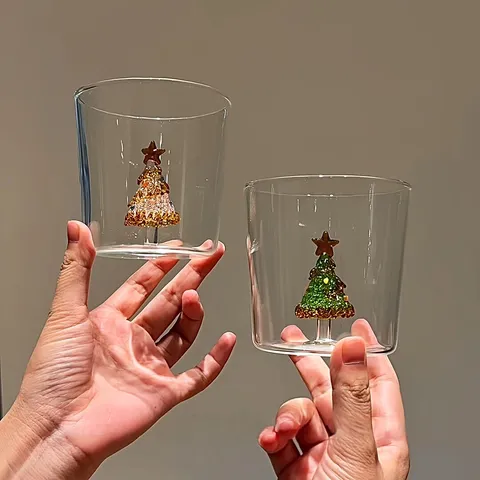 Transparent High Borosilicate Glass Coffee Mug With 3D Christmas Tree Inside Handleless Water Cup Festive Drinkware Gift