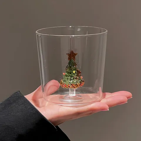 Transparent High Borosilicate Glass Coffee Mug With 3D Christmas Tree Inside Handleless Water Cup Festive Drinkware Gift